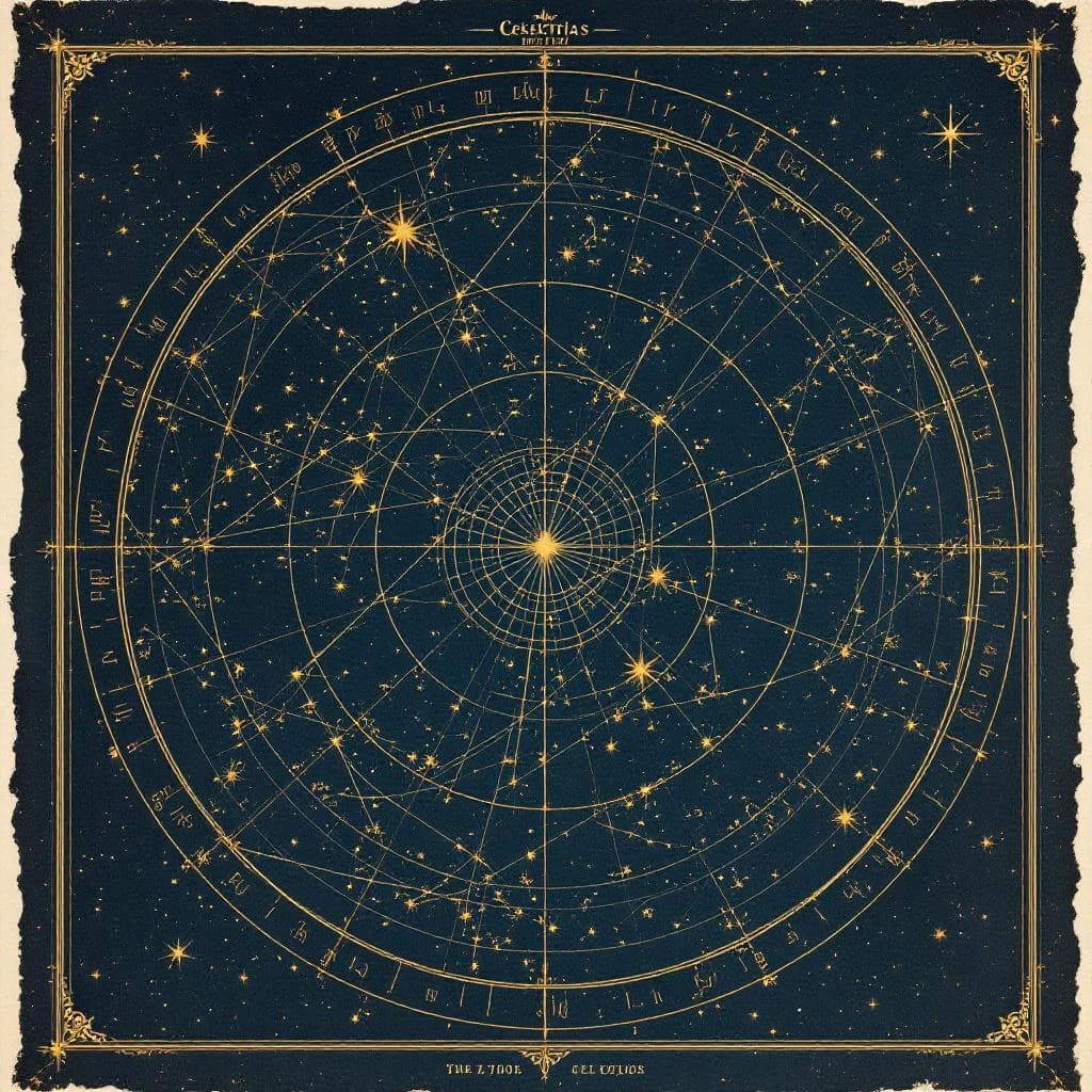 Página de atlas celestial vintage con constelaciones dibujadas en tinta dorada sobre pergamino navy