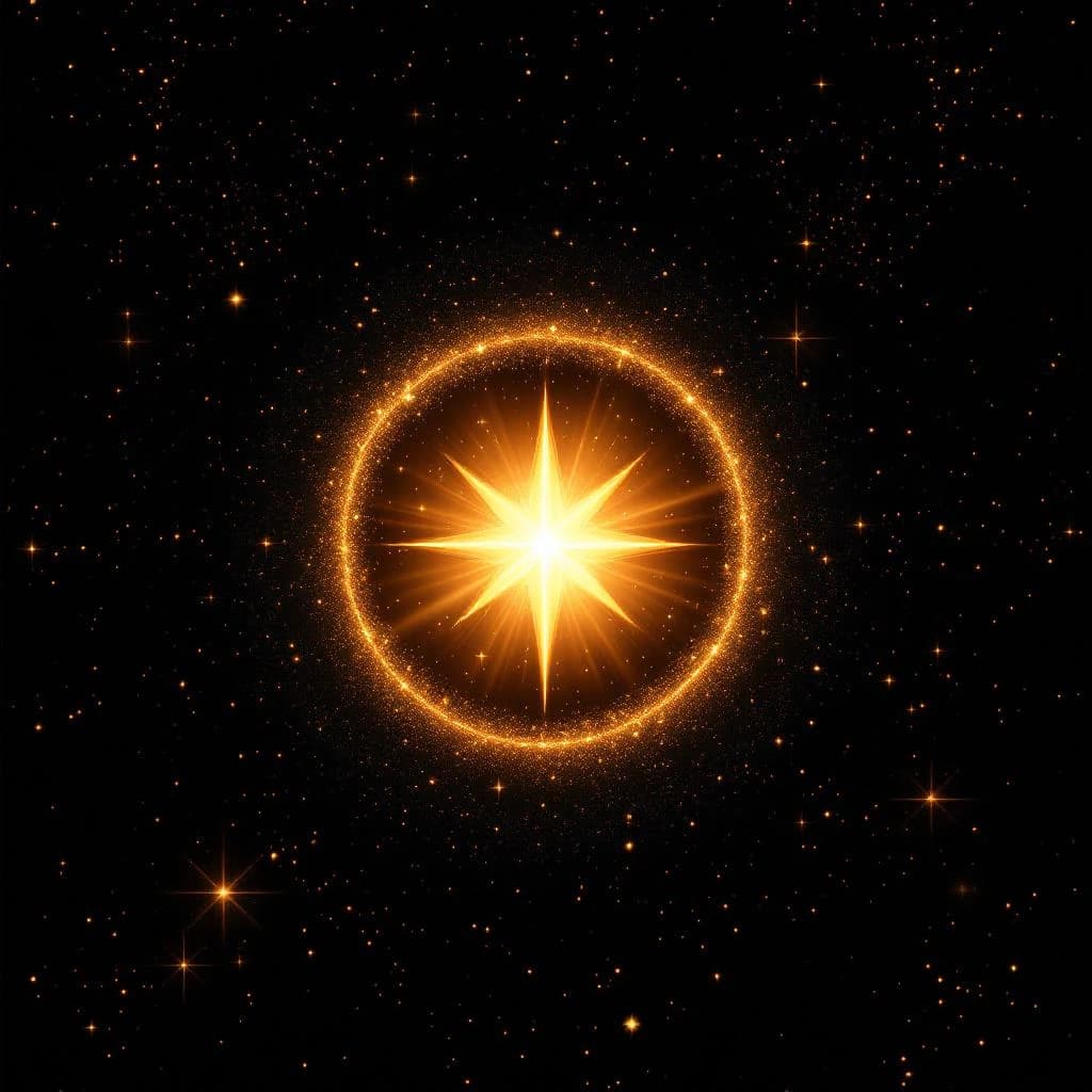 Estrella dorada brillante al centro rodeada por un halo circular de partículas en órbita