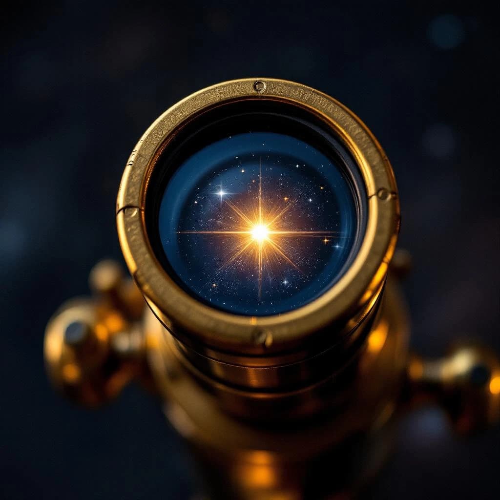Primer plano de una lente de telescopio brass vintage con una estrella reflejada en su interior