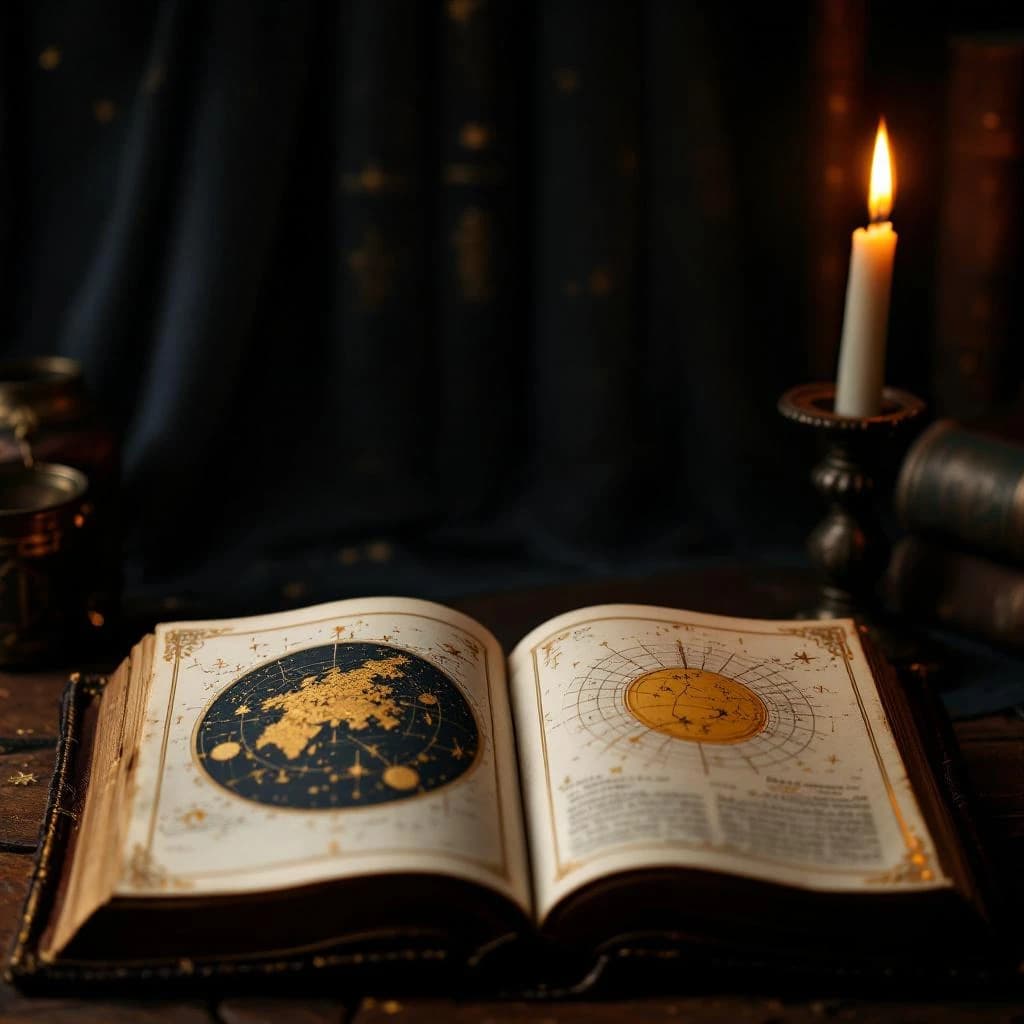 Libro antiguo abierto con ilustraciones doradas de constelaciones, iluminado por una vela