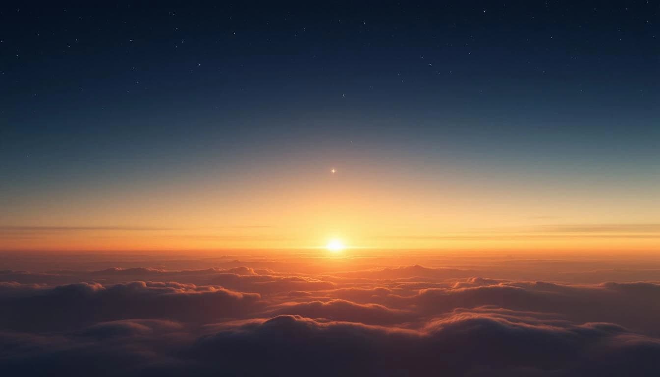 Cielo entre la noche y el amanecer con una estrella matutina dorada sobre un mar de nubes