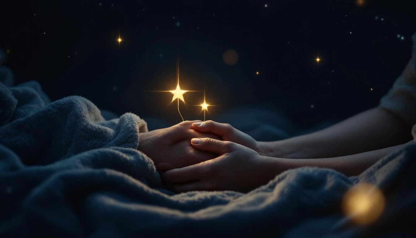 Manos entrelazadas bajo un cielo nocturno con dos estrellas doradas conectadas por un hilo de luz