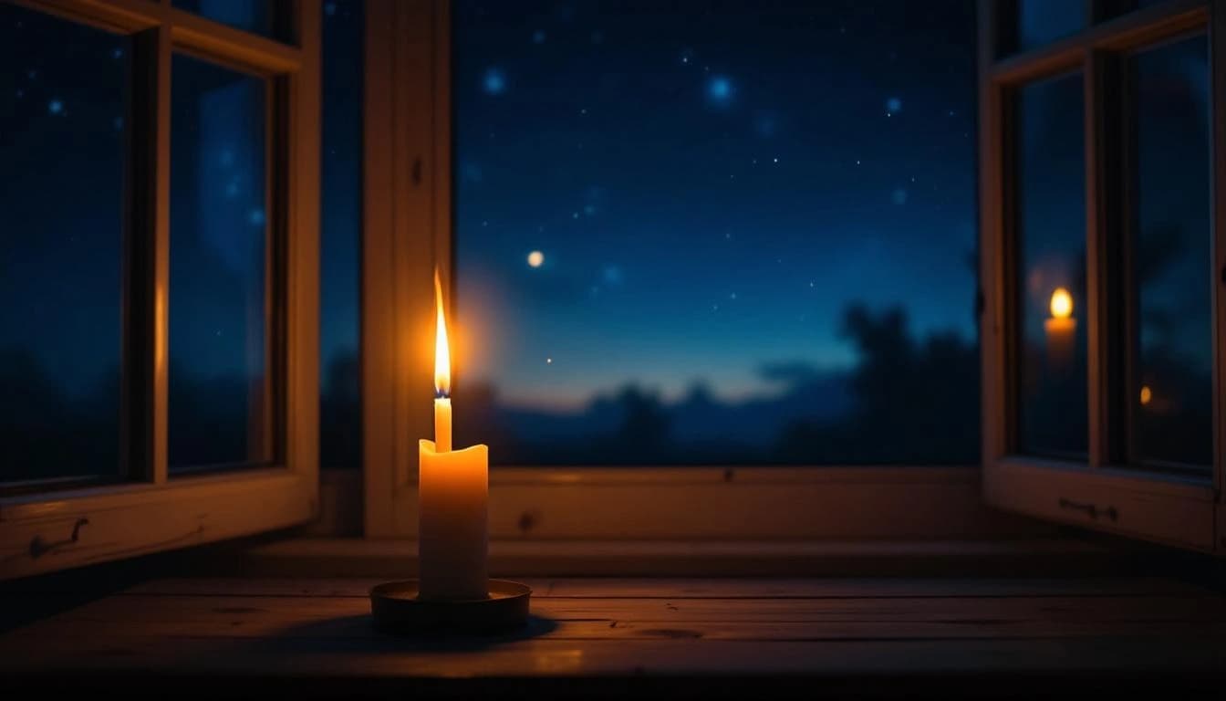Vela encendida sobre alféizar de madera con cielo estrellado al otro lado de la ventana