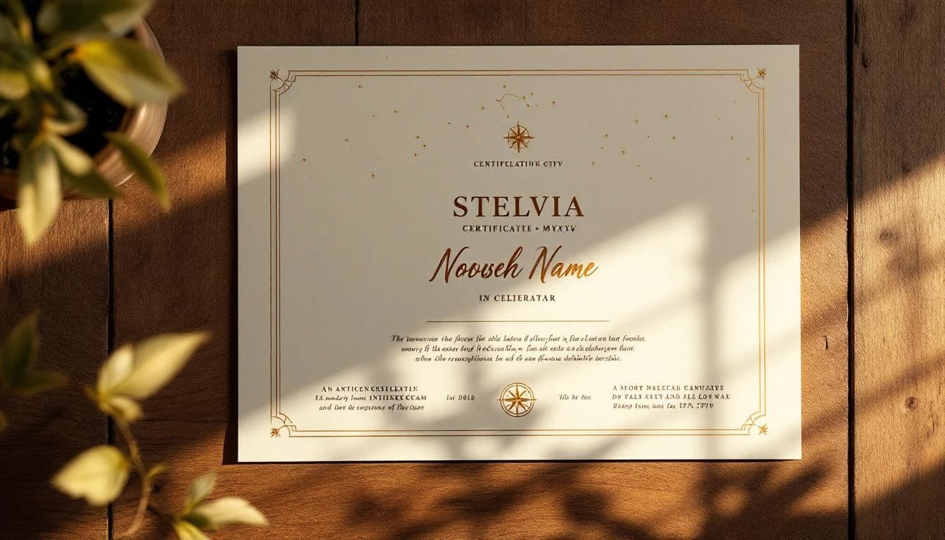 Mockup del certificado de estrella Stelvia con detalles dorados sobre madera